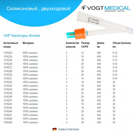 Силиконовый двухходовой катетер Фолея Vogt Medical Ch18, баллон Ø5-10 мл, 40 см